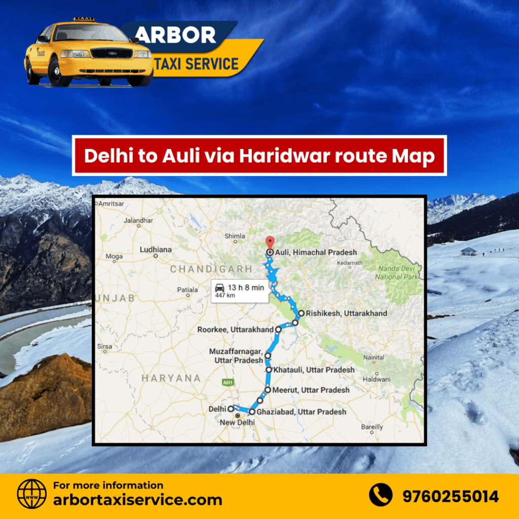 Delhi to Auli via Haridwar route map